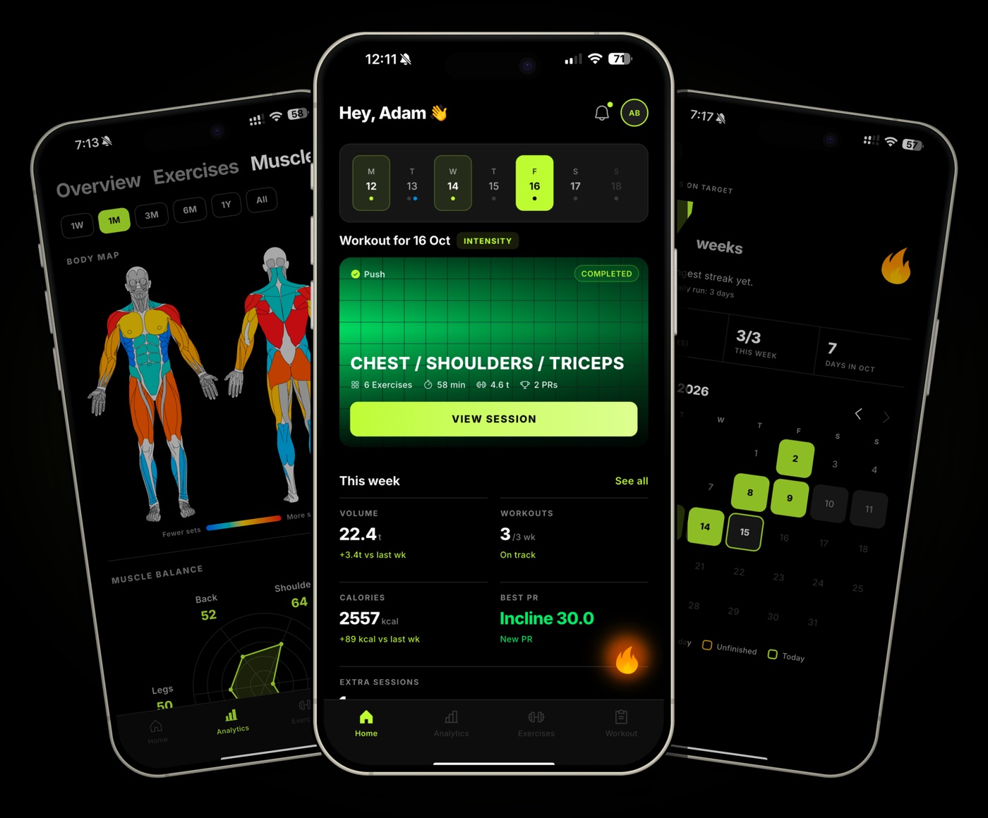 Tolyfit app screens: muscle body map, home with today's workout, and training streak calendar
